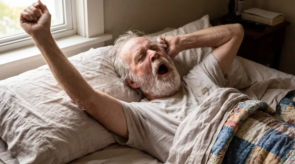 Older man waking up in bed with arms stretched, yawning while lying on light-colored bedding near a window